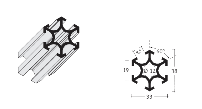 Six T-slot aluminum extrusion profile diagram