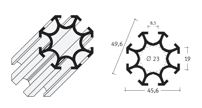 Eight T-slot aluminum extrusion profile diagram