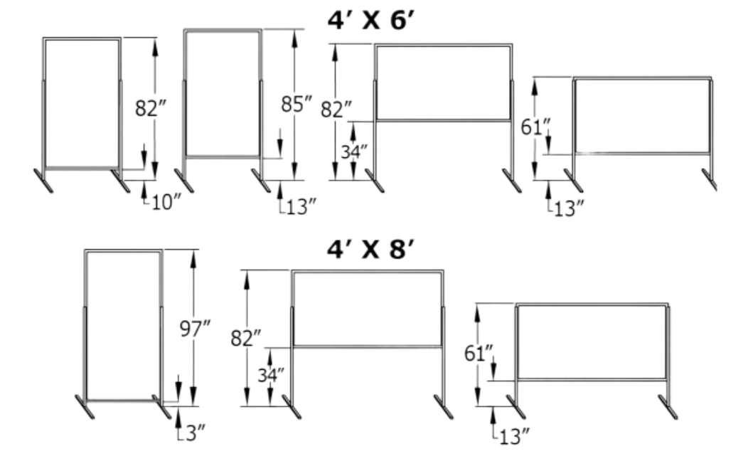 Metal frame size and height diagrams for 4 by 6 and 4 by 8 panels