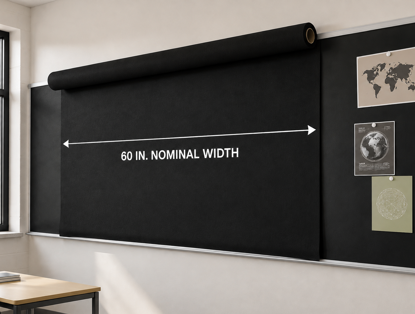 Hook-receptive black classroom bulletin board fabric displaying reusable learning materials