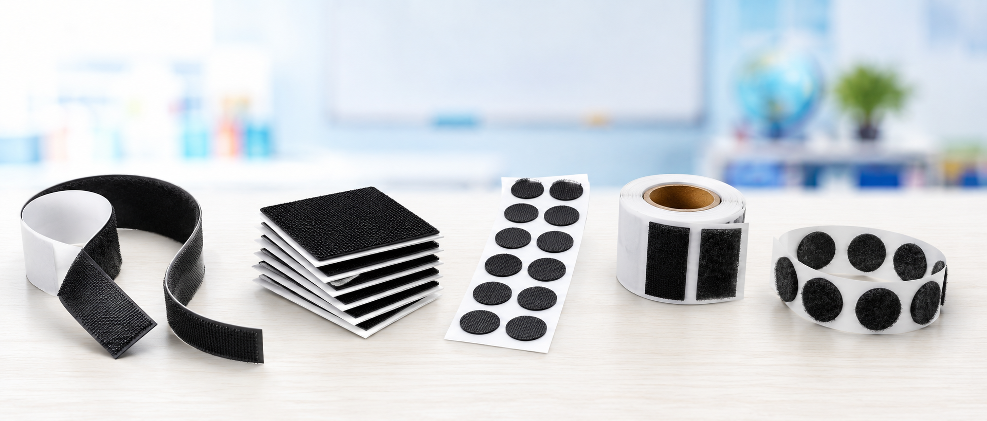 Examples of custom converted hook and loop strips, squares, dots and rolls